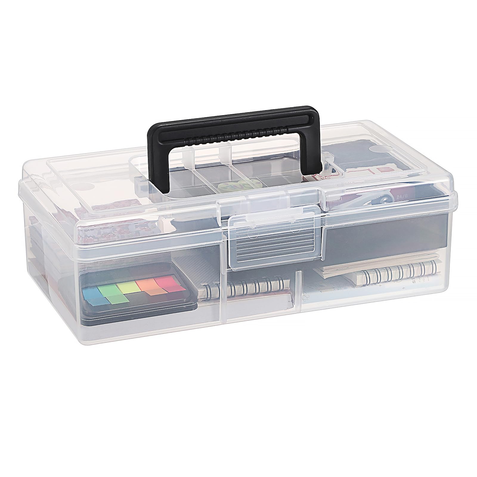 Photo 1 of **LOCK BROKEN** JUXYES Plastic Carry Storage Box with Removable Dividers, Clear Art Craft Supply Storage Bin Sewing Box With Handle Lid, 2 Layers Stationery Storage Case for School/Office Supplies