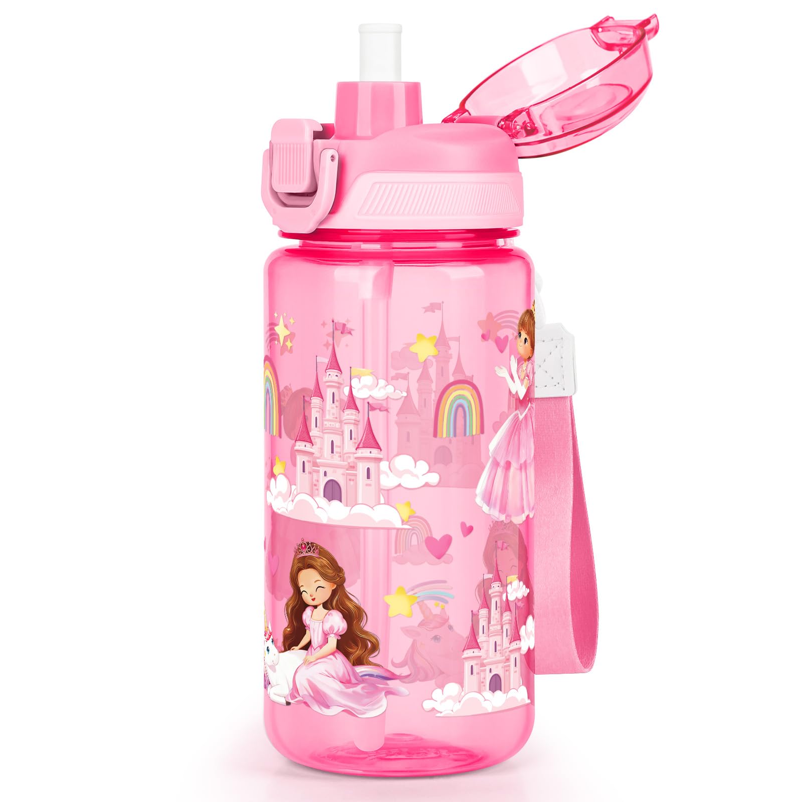 omedecal 600ml Kids Water Bottle with Pop-Up Lid & Lock, BPA-Free, 2-in-1 Removable Straw or Direct Drink Plastic Water Bottle, Dishwasher Safe, Handle Strap, Boys & Girls, Princess