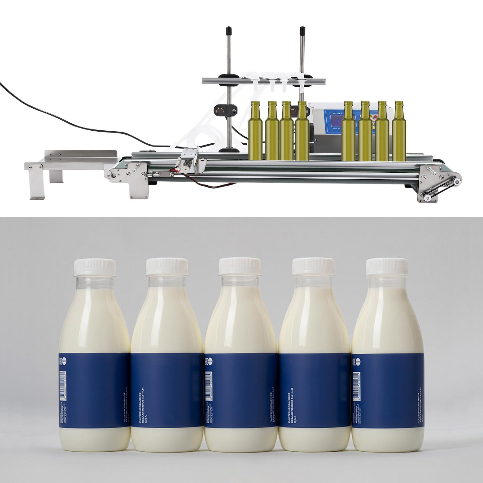 Abfüllmaschine für Flüssigkeiten mit Förderband und 1-4 einstellbaren Fülldüsen für 10-500ml Füllbereich Diaphragmenpumpe 150W geeignet