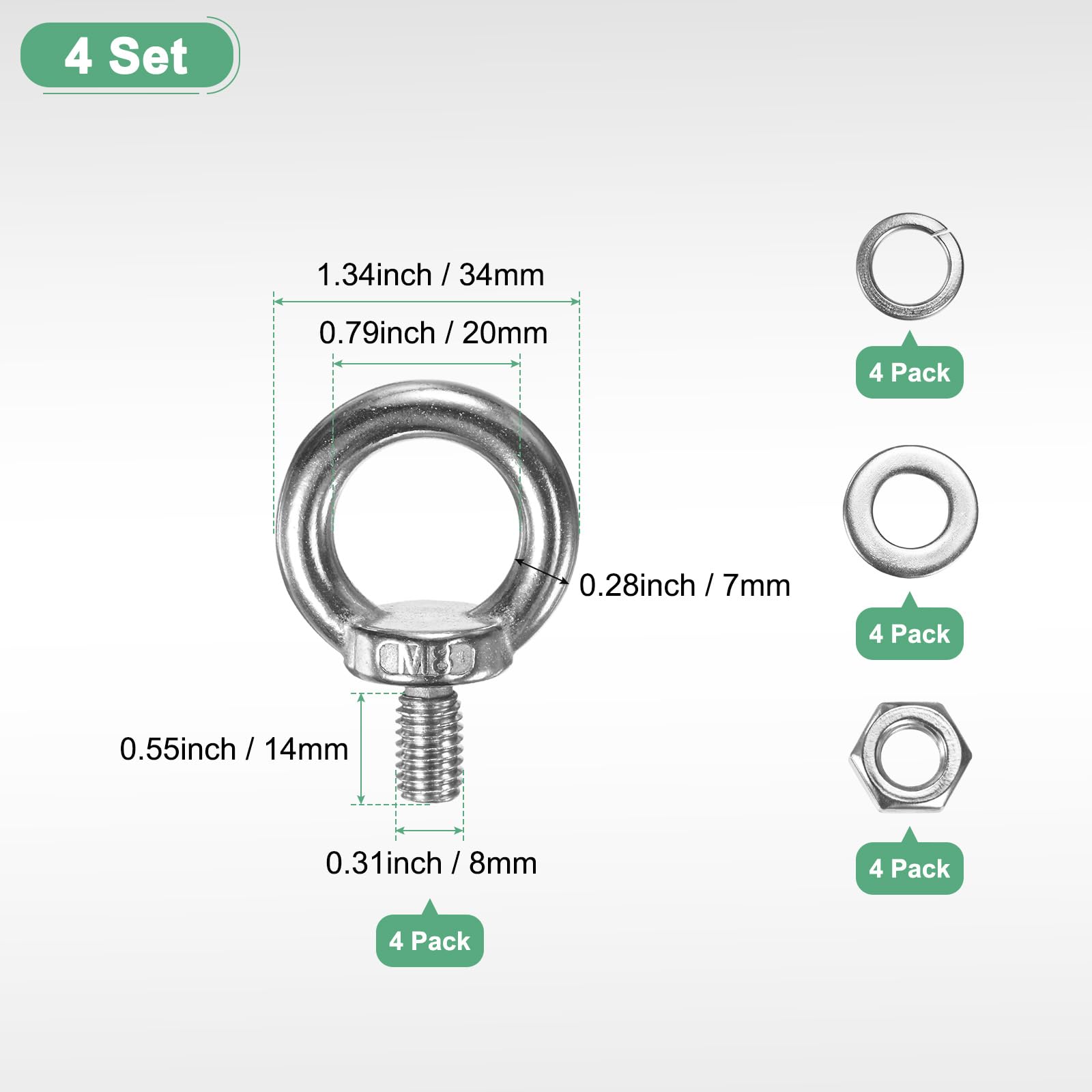 M METERXITY 4-Sets Stainless Eyebolt M8x14mm Shoulder Lifting Eye Bolt with Nuts Washers Male Screw Thread Ring Shoulder Eye Bolts Length 0.55 Inch for Suspending/Fastening - Image 3