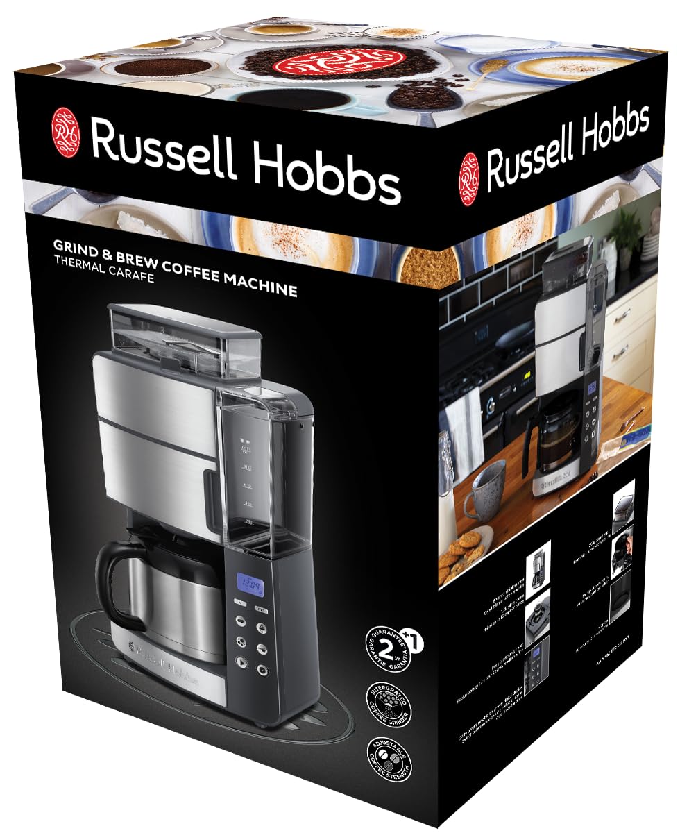 Russell Hobbs Macchina Caffè Americano con Macinacaffé Integrato - Timer digitale, Filtro per Estrazione e Aroma ottimali - Caraffa Termica; Max 10 tazze, 3 livelli di Macinatura, Grind&Brew 25620-56