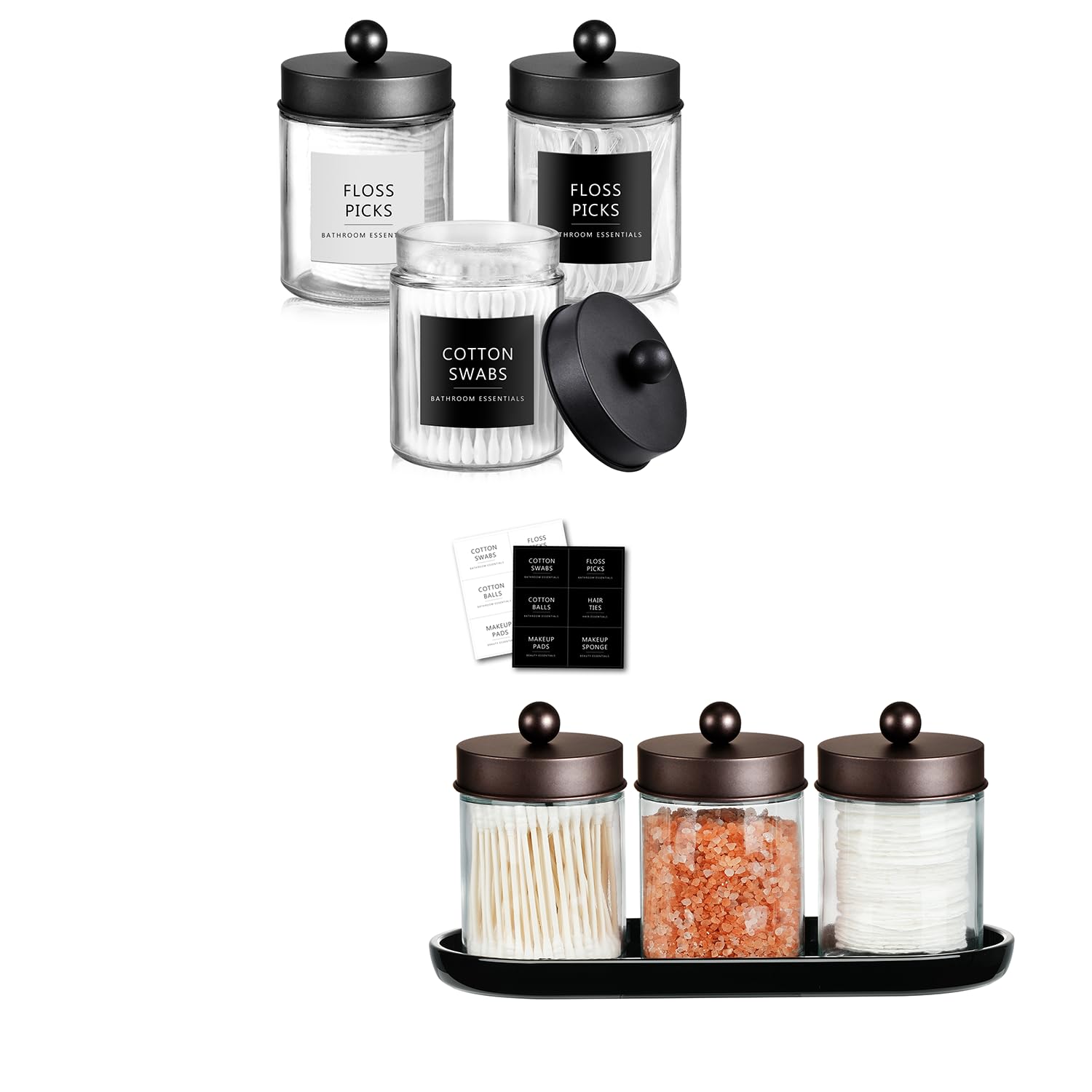SheeChung Qtip Dispenser Holder Glass apothecary jars with Acrylic Vanity Tray Countertop Canister Guest Bathroom Essentials Storage Organizer