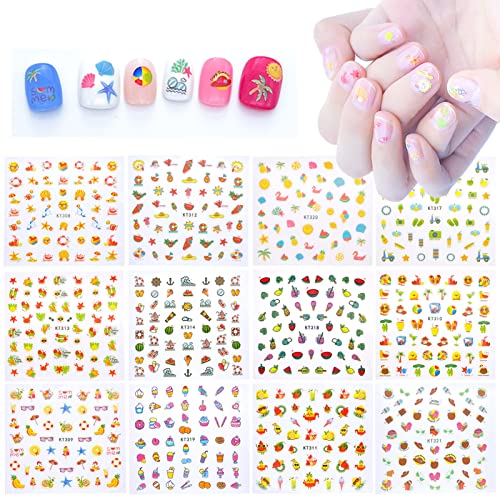 Ihukeit Summer Nail Decal Stickers For Kids Girls Toddlers Nail Decoration Self Adhesive Glasses Beach Drink Boat Palm Nail Decal For Little Girls Diy Nail Design Decoration Fun (Pack Of 12) #TOP6