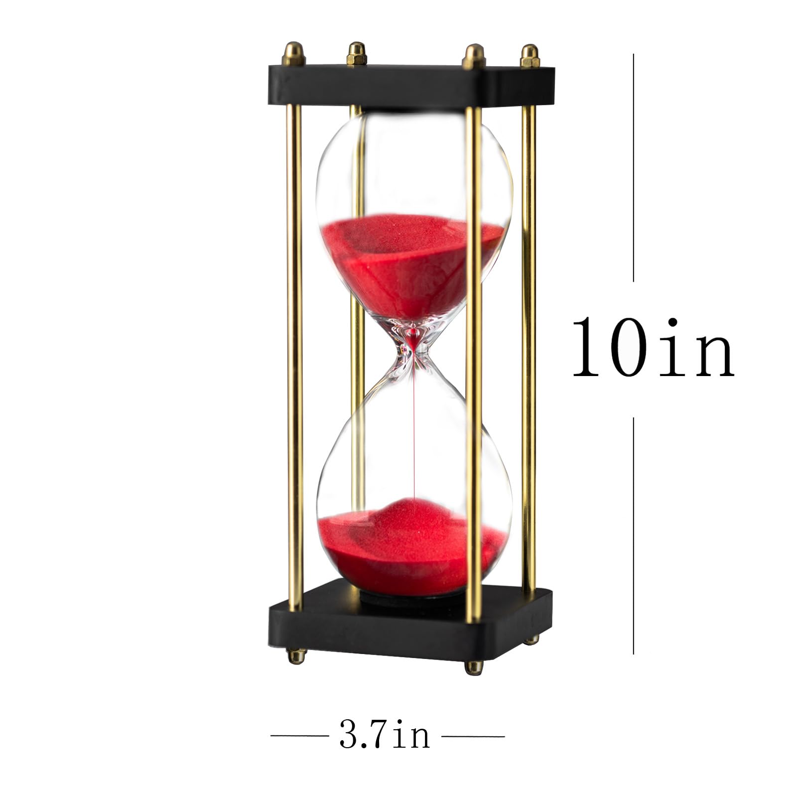 Temporizador de reloj de arena de 60 minutos con pilares dorados, base de madera negra, temporizador decorativo de arena (arena roja, tamaño grande)