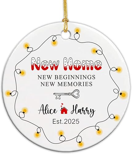 Vista 74 de Adorno de cerámica personalizado para la primera Navidad en nuestro nuevo hogar 2025, regalo de recuerdo de casa para parejas de recién casados