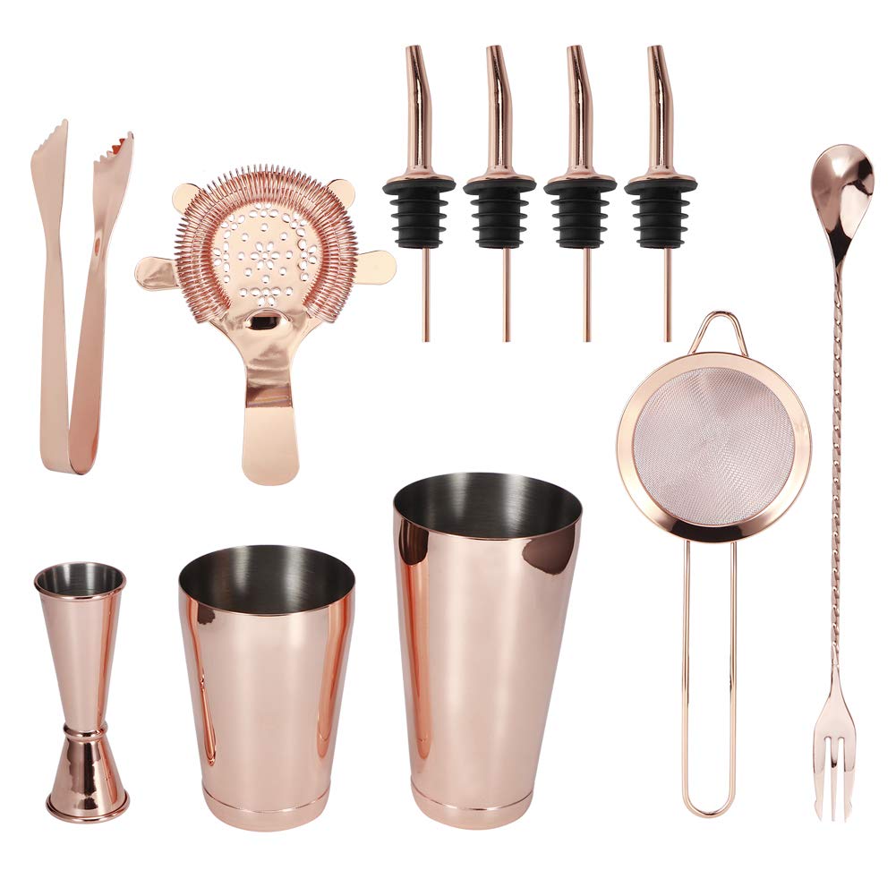 Juego de 11 Cocteleras de Acero Inoxidable, Juego de Herramientas de Barra Multifunción con Oro Rosa, Negro, para Camareros, Suministros de Camarero (de 11 piezas de coctelería en oro