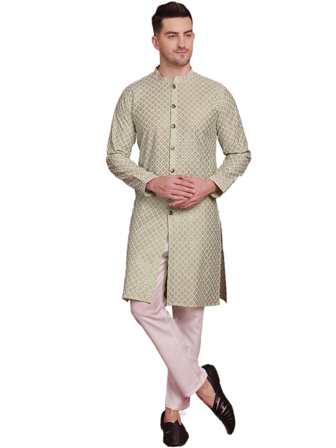 jompers Men's Sequin Chikankari Front Open Kurta With Pyjamas-picture-40