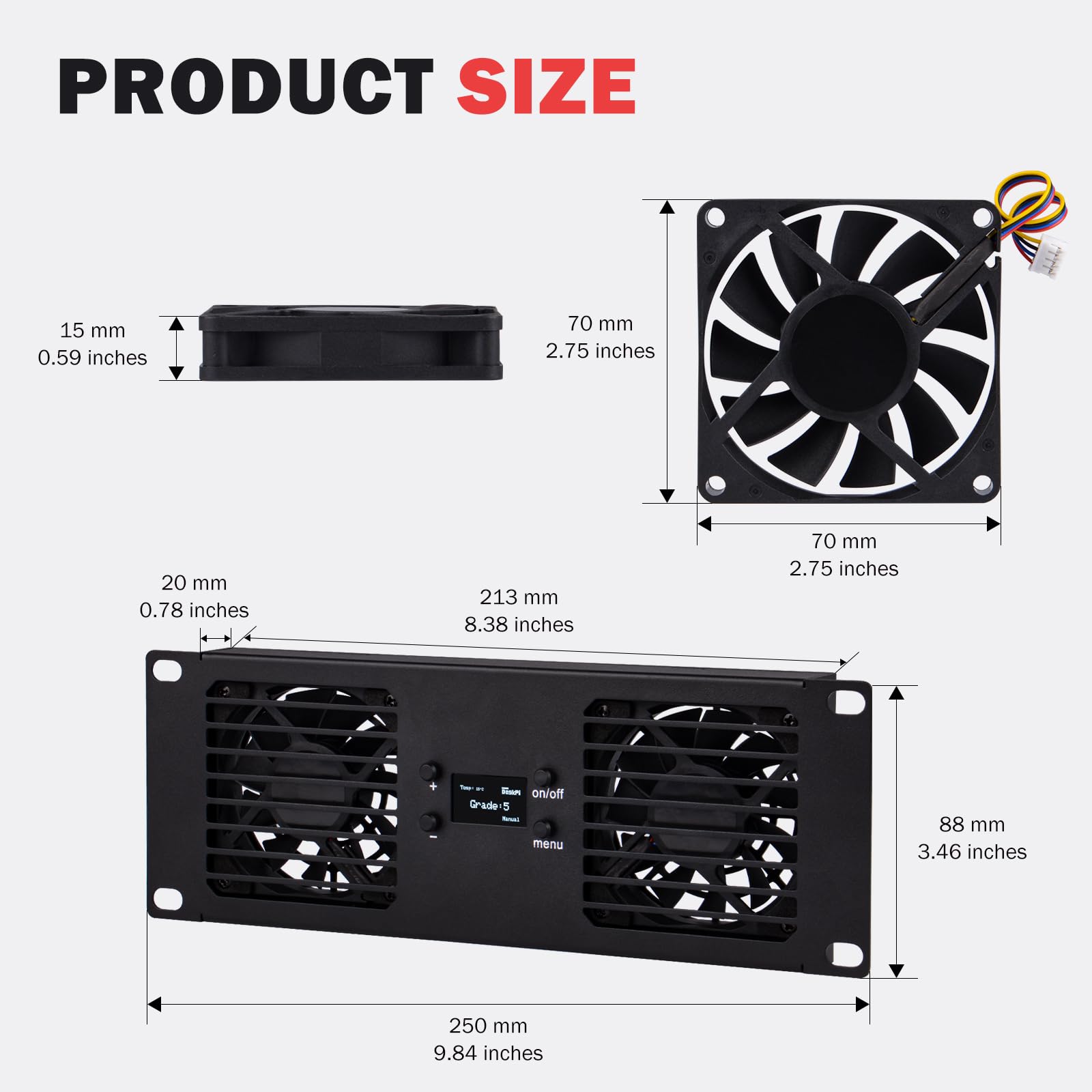 GeeekPi Panel de enfriamiento de doble ventilador de montaje en rack de 2U de 10 pulgadas con pantalla OLED y 2 ventiladores de 70 mm para racks de mini servidor de 10 pulgadas, compatible con DeskPi