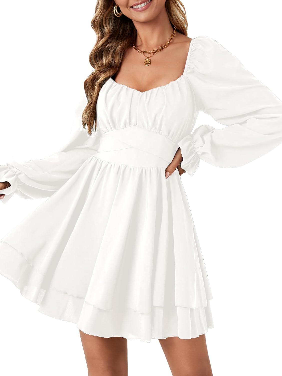 Rooscier Women's Lantern Flounce Long Sleeve Ruffle Layer Tie Mini Short Dress - Image 4