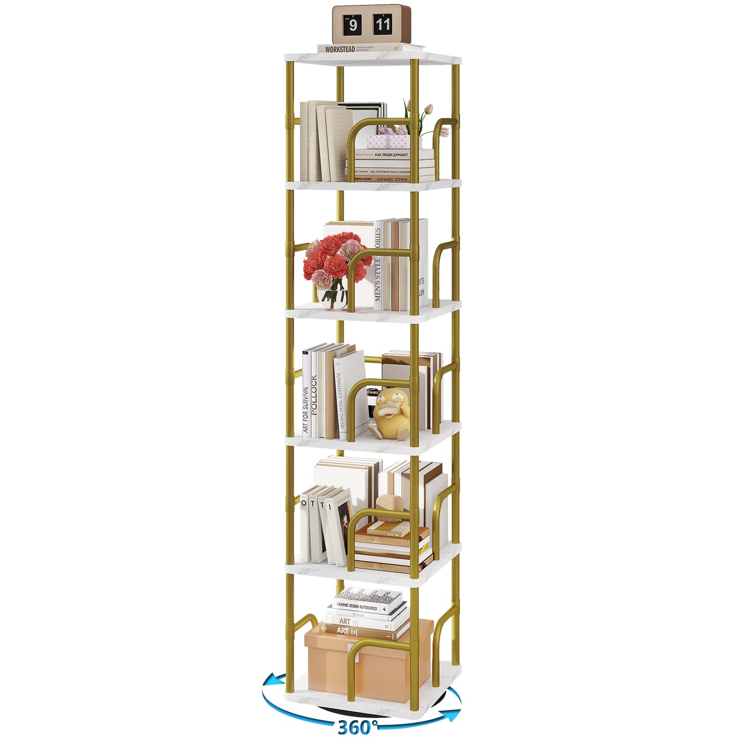 IBUYKE Librerias Girevole a 5 Ripiani,Libreria Verticale,Girevole a 360° con Display,Libreria da Pavimento,Scaffale in Piedi Multifunzionale per Camera da Letto, Soggiorno,Bianco,TBC005GW