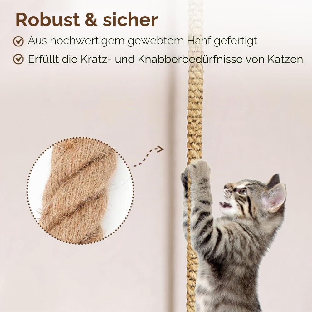 Sisal Kletterseil, Sisalseil fur Katzen, 300 x 3 cm, Stabiles Katzenspielzeug Seil zur Decken-/Wandmontage für die Katzen Selbstbeschäftigung, Spielen und Klettern