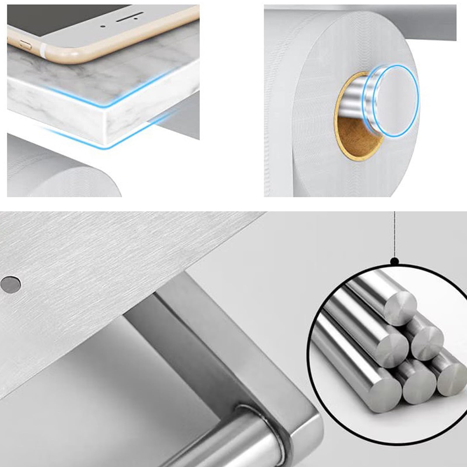 Soporte de papel higiénico de níquel cepillado montado en la pared con estante de mármol, soporte para rollo de papel de papel higiénico de acero inoxidable 304 para baño y baño, soporte de papel 3
