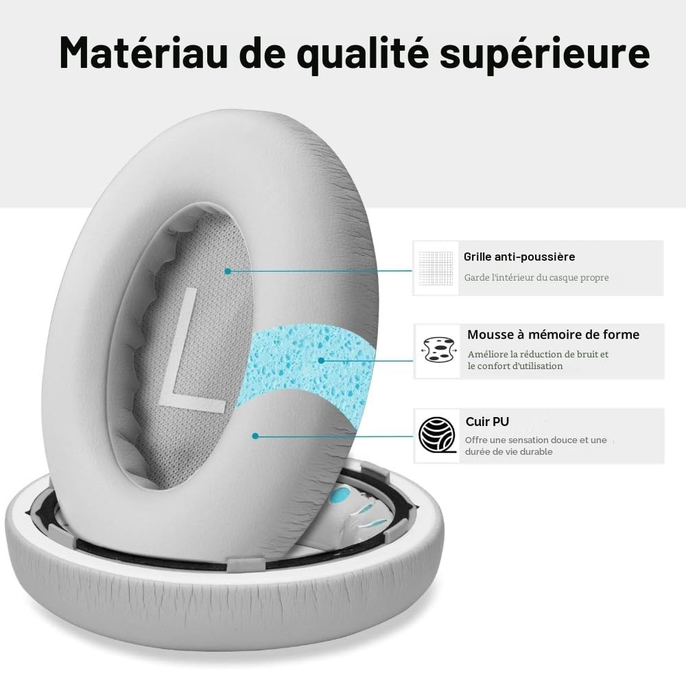 Coussinets de Rechange Bose 700 Cuir synthétique Souple Mousse à mémoire de Forme Gris 1 Paire