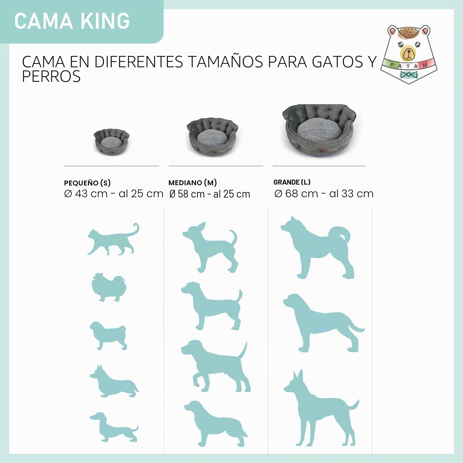 PATAM Cama para Perros y Gatos – Disponible en 3 tamaños – con Funda Lavable a máquina – King Gris, Large 68 cm