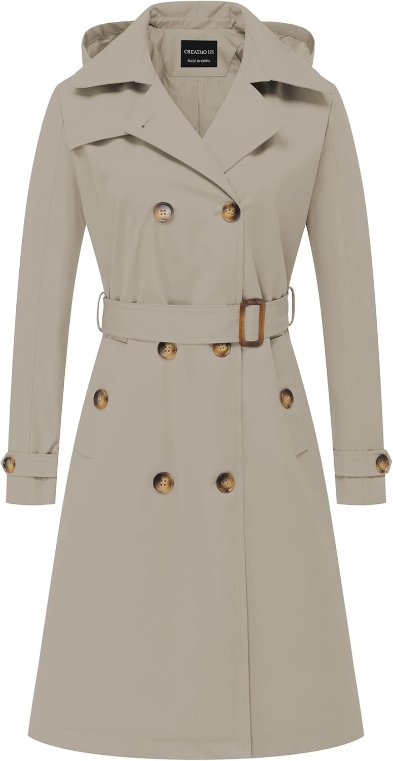 CREATMO US Women's Long Trench Coat Double-Breasted Classic Lapel Overcoat Belted Slim Outerwear Coat with Detachable Hood