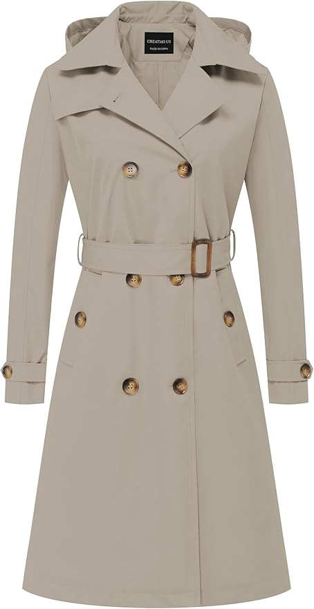 CREATMO US Women's Long Trench Coat Double-Breasted Classic Lapel Overcoat Belted Slim Outerwear Coat with Detachable Hood

