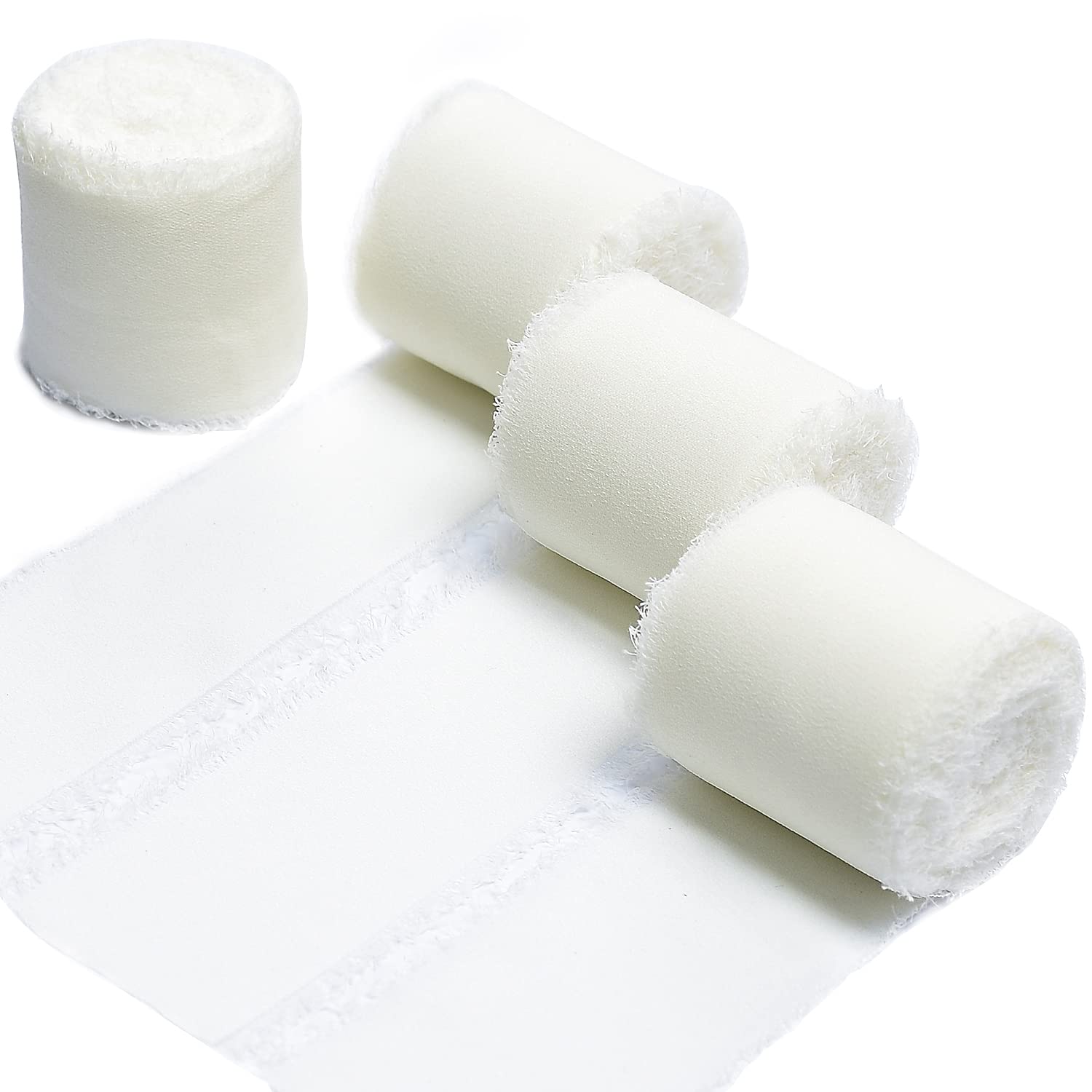 TONIFUL4 Rolls 1-1/2 Inch White Cream Chiffon Silk Ribbon 22yds Handmade Fringe Chiffon Ribbons Set for Wedding Invitations, Bridal Bouquets, Gifts Wrapping, DIY Craft ( Cream White, 22yds, 1.5" )