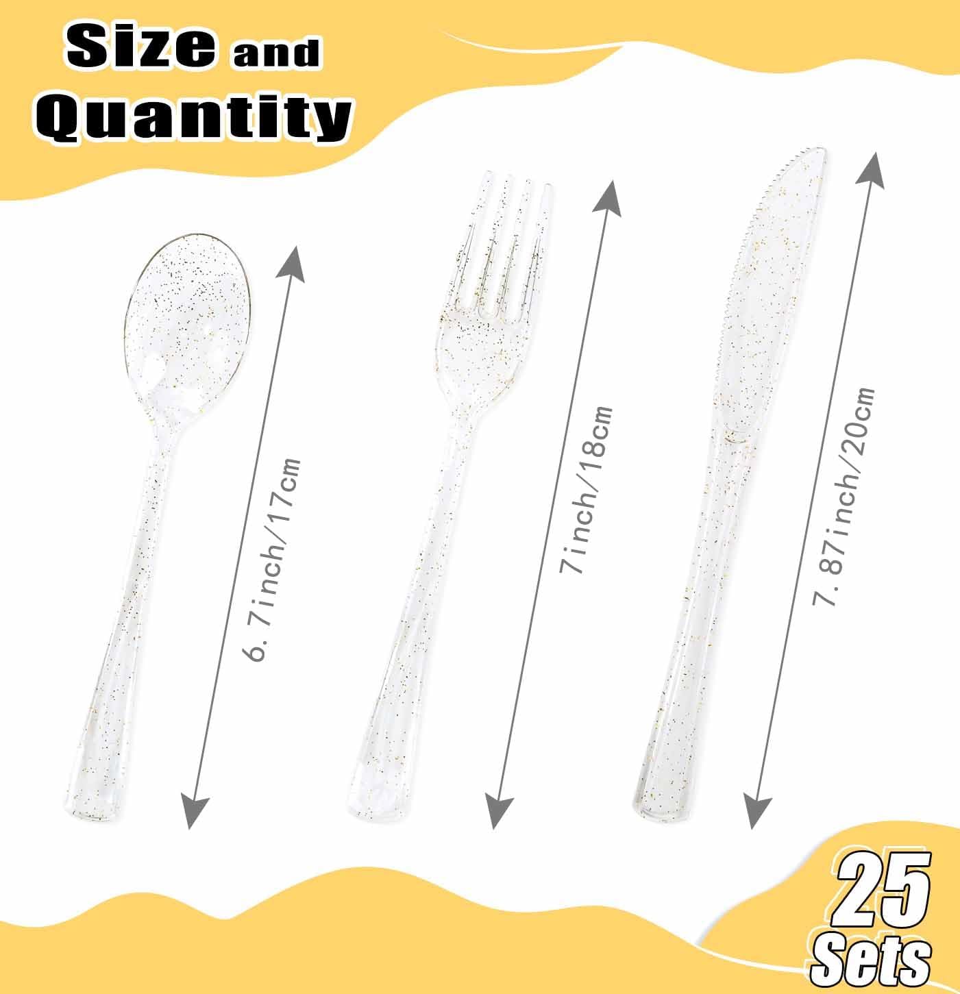 HEIPINIUYE 75 Pack Gold Glitter Plastic Cutlery Heavy Duty Clear Gold Plastic Knives Forks and Spoons Disposable Silverware Set for 25 Guest Birthday Wedding Party Disposable Utensil Set
