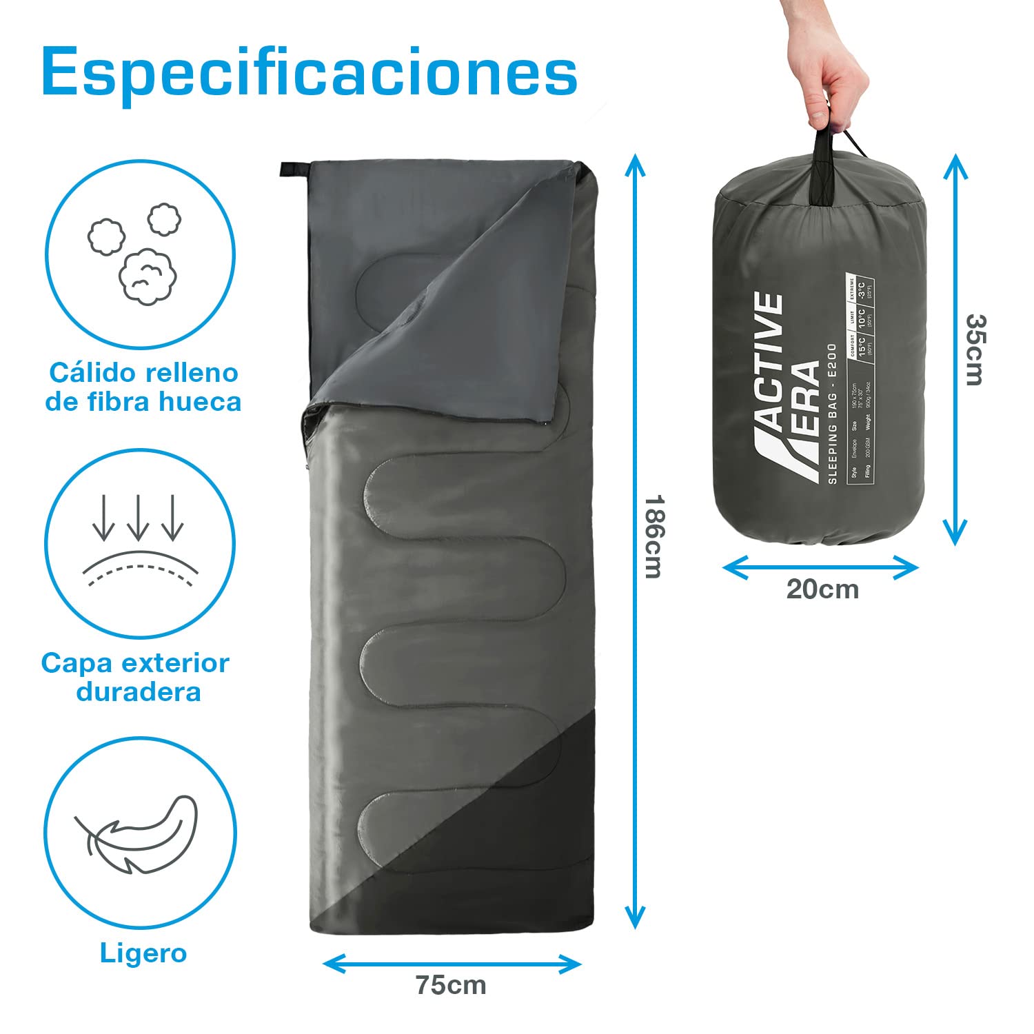 Active Era Saco de Dormir Ligero, 950 g, cálido, Transpirable para Adultos y niños. 10°C a 15°C, Uso Extremo -3°C. Campismo, Viajar, Senderismo, Interior y Exterior - 190 x 75cm