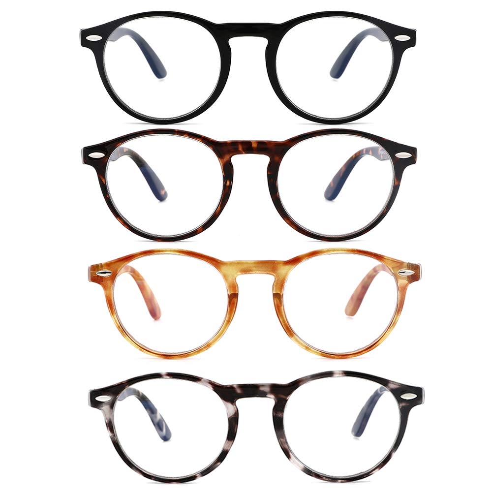 OQ CLUBOQ CLUB 4 Pack Reading Glasses Spring Hinge Round Frame Retro Comfortable Unisex (Black+Amber Gray+Tortoise+Orange, 1.0)