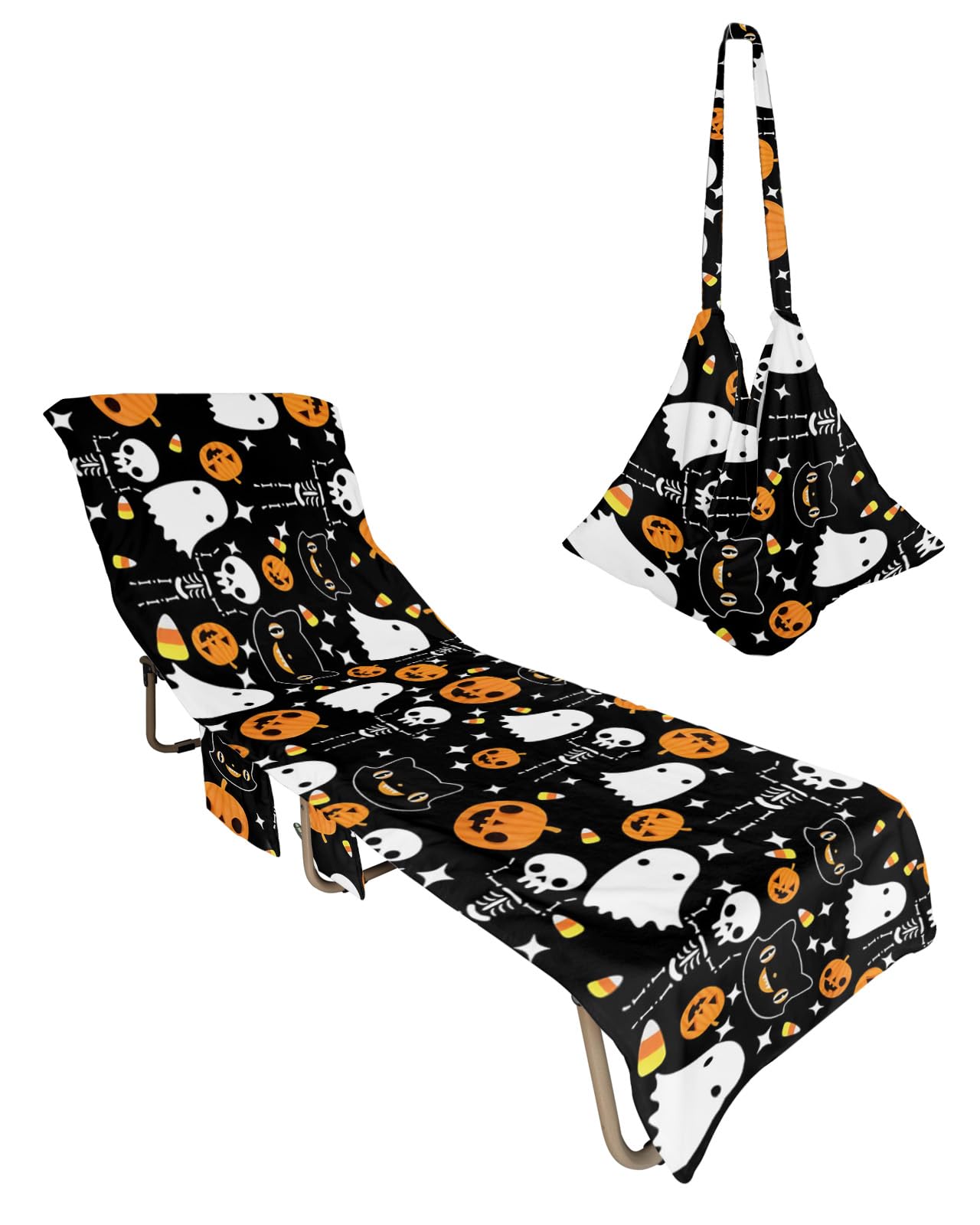 Black Halloween Beach Chair Towel Covers for Chaise Lounge with Side Pocket, Soft Plush Pool Towels Cover for Patio Sunbathing Outdoor 29''x85'' Spooky Pumpkin Ghost Skull Cat Horror
