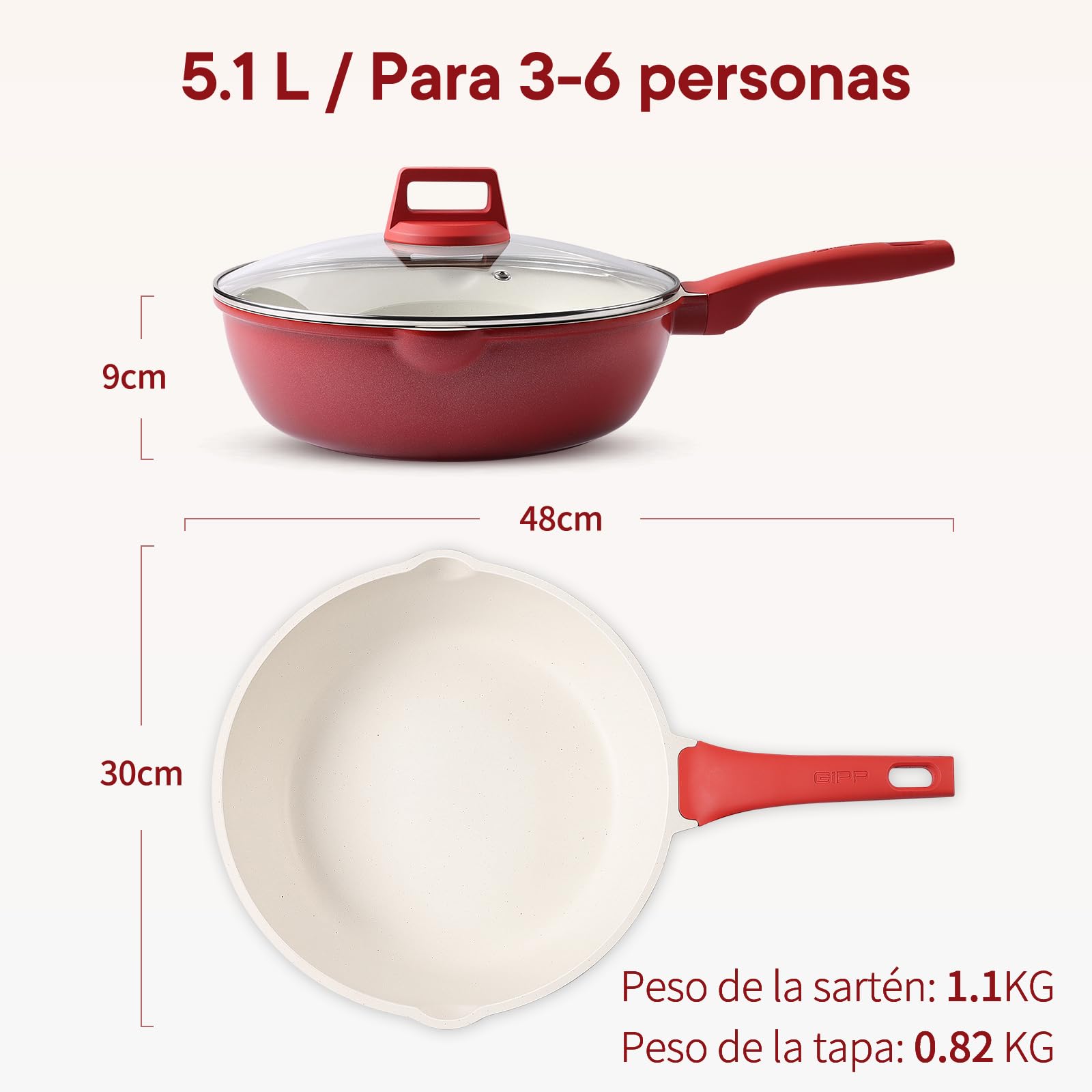 GiPP SartéN Antiadherente Con Tapa, SartéN Profunda De 30 Cm Y 5.1L, Sarté De CeráMica, Mango Que Se Mantiene FríO, SartN De InduccióN, Saludable Y No TóXica,Rojo