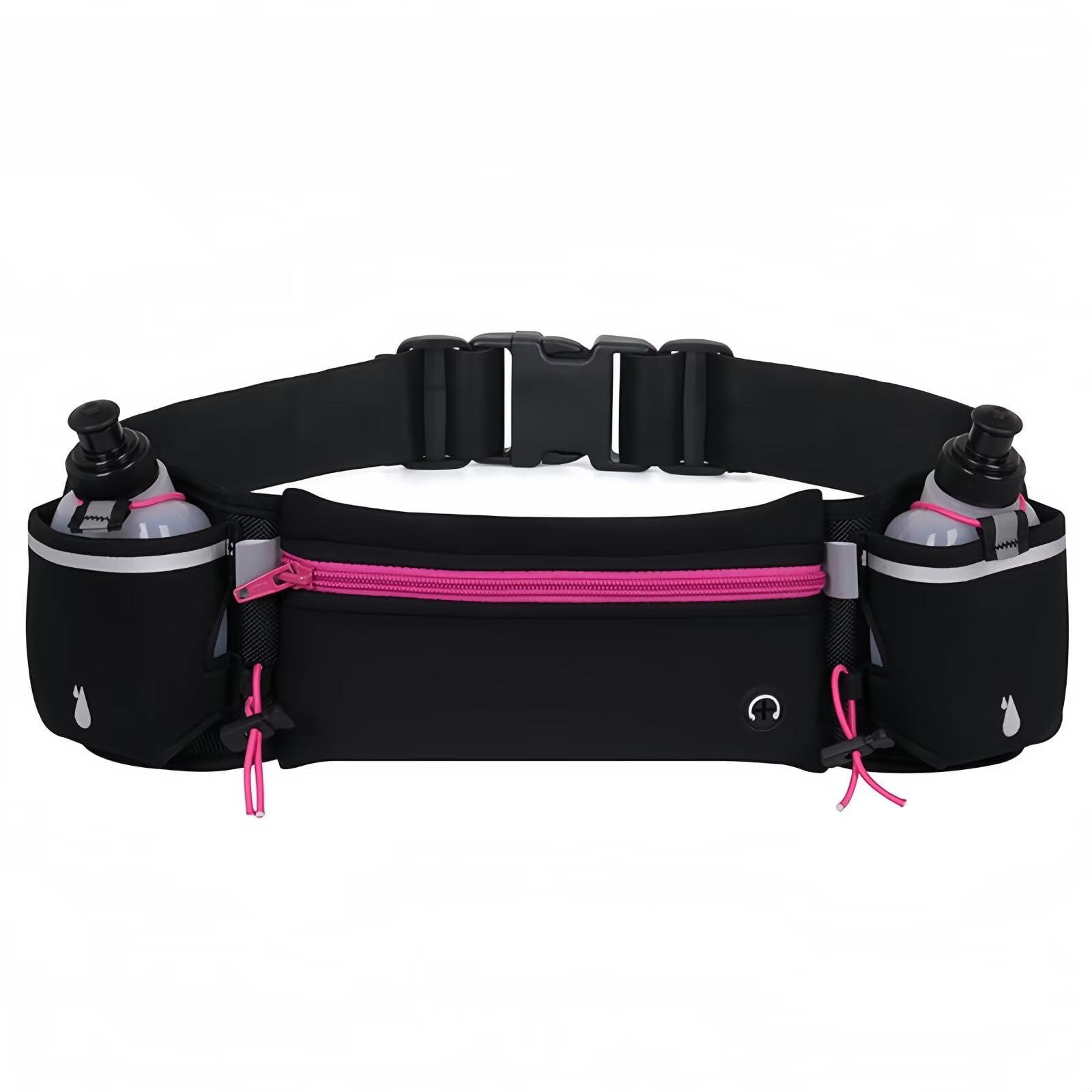 ROSSRORE Unisex Running Hydration Belt with 2x6oz Water Bottles - No Bounce Design, Waterproof Waist Pack for Phone, Reflective Gear for Runners, Cyclists, Hiking (Red)