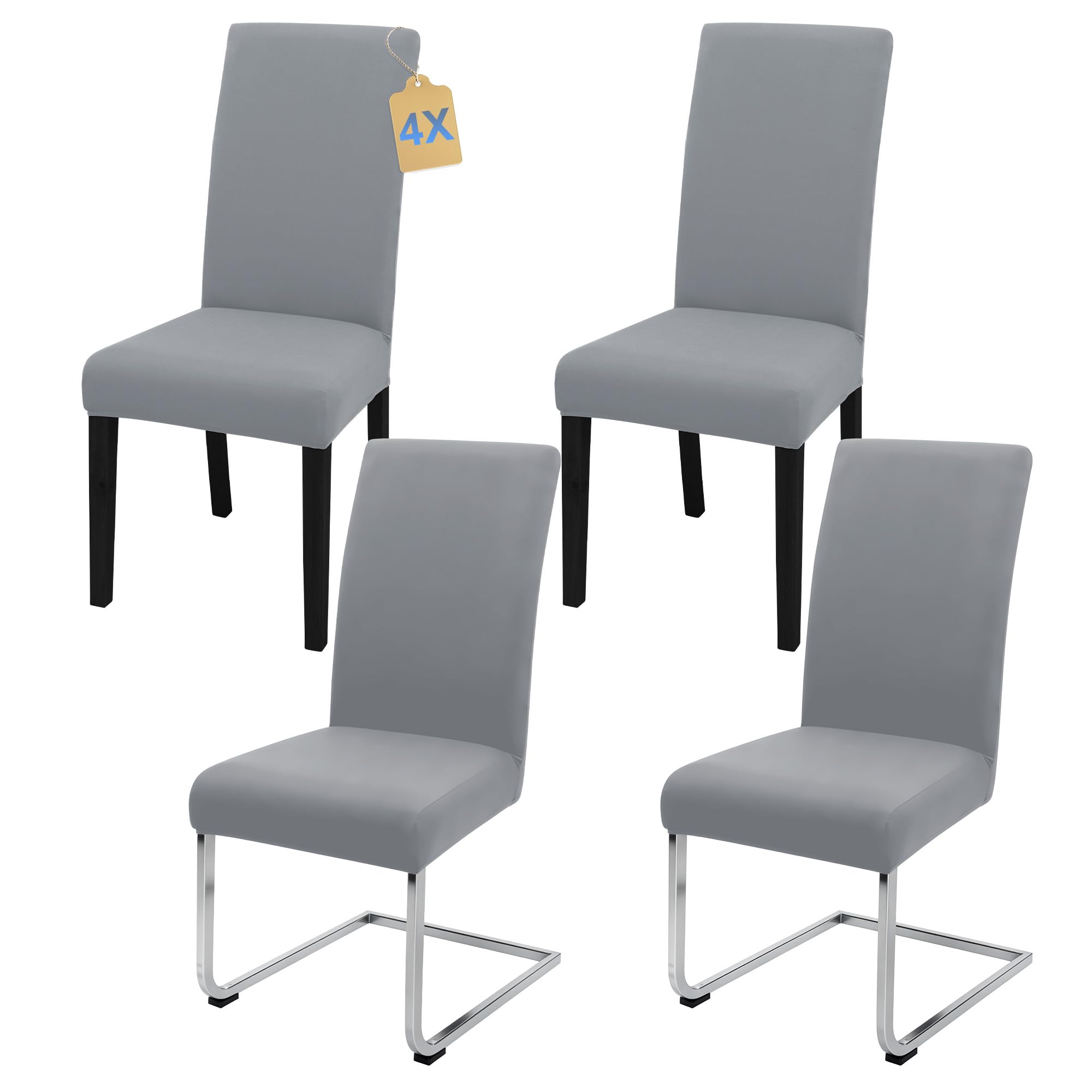 Universal Stretch Chair Covers (Set of 4/6/8 Pieces with Backrest) for Living Room, Kitchen, Office, Dining Room, Party Chair Covers, Washable & Removable (4, Light Gray) Recycled Claim Standard 100