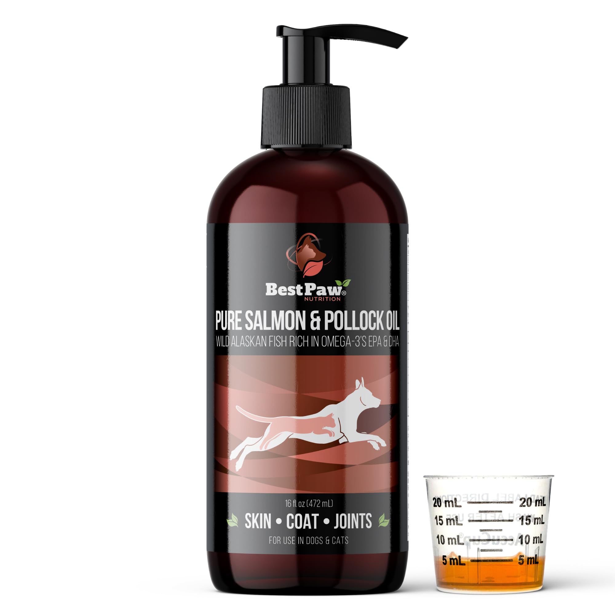 Pure Wild Alaskan Salmon Oil for Dogs & Cats Skin and Coat - Fish Oil Liquid with Pump - Supports Joint Function, Immune & Heart Health - Omega 3 Liquid Food Supplement - All Natural EPA + DHA - 16oz