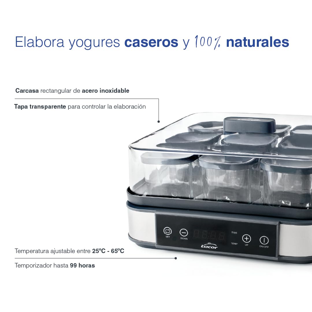 Lacor - 69439 - Yogurtera de Vasos Deva, 9 Tarros de Cristal Incluidos, Temperatura Ajustable, Temporizador, Apagado Automático, Incluye Recetario, 100% Libre de BPA, 170ml x 9
