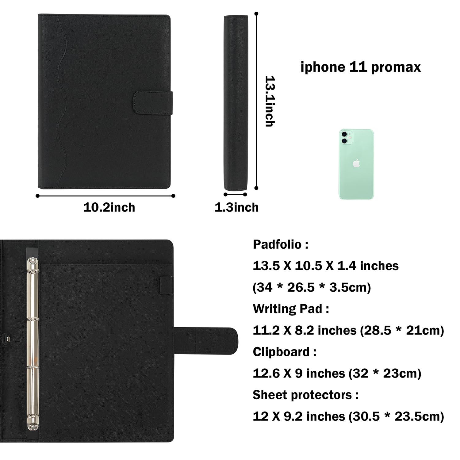 Wonderpool A4 PU Leather 4 Ring Holder Writing Portfolio Multi Document Case with Removable Binder Clipboard and Functional Pocket for Organizer Office Travel School (Black) - Image 2
