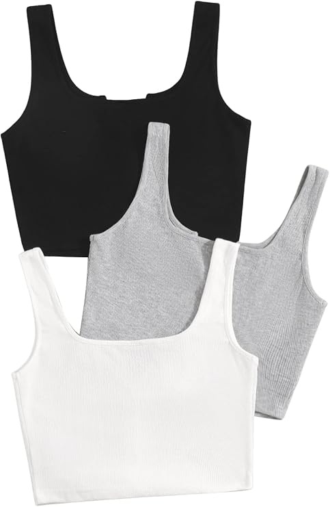 SweatyRocks Women's 3 Piece Button Ribbed Knit Crop Tank Top Scoop Neck Basic Cami Tops