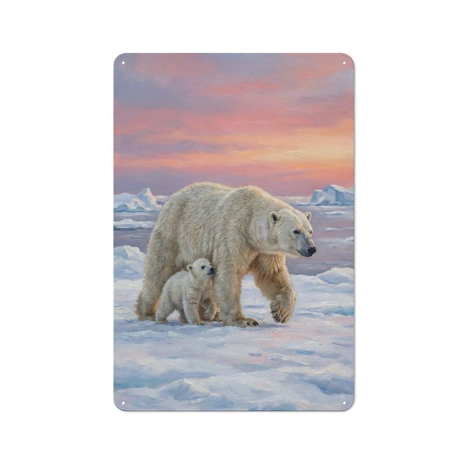 Junmoney Style-15 Workshop Style Polar Bears In Arctic Sunset Tin Sign 30X20cm, Workshop Wall Decor For Tool Room, Garage, Studio Or Home Bar