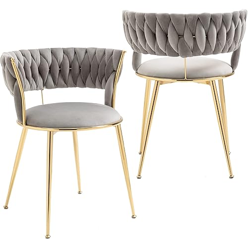 NIOIIKIT Modern Velvet Dining Chairs Set of 2 Hand Weaving Accent Chairs Living Room Chairs Upholstered Side Chair with Golden Metal Legs for Dining Room Kitchen Vanity Living Room (GreyH)
