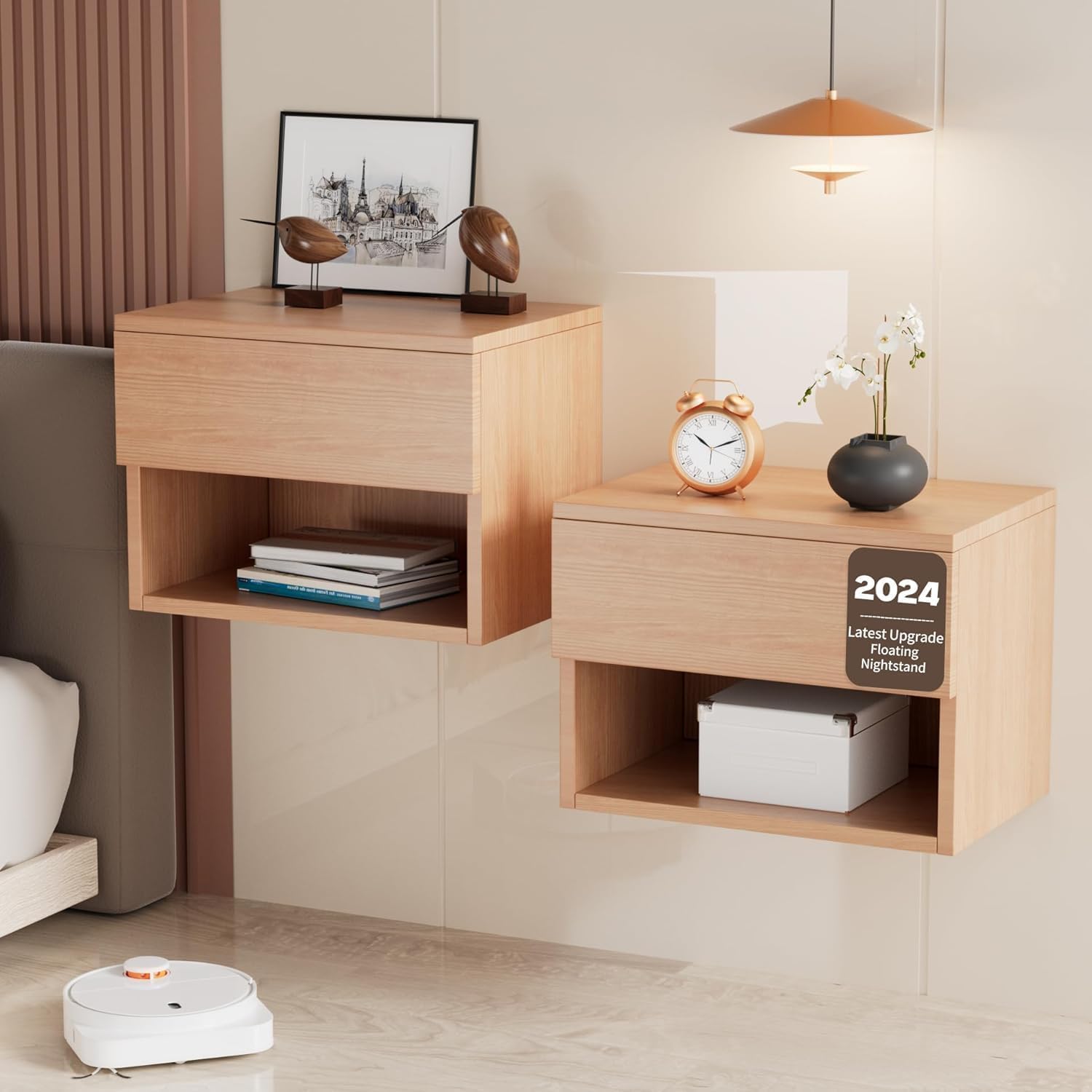 Floating Nightstand, Modern Wall Mounted Bedside Table with Drawer, Wood Bedside Shelf & Desk, End Table Wood Modern Night Stand for Bedroom (Beech Ui1, Set of 2)