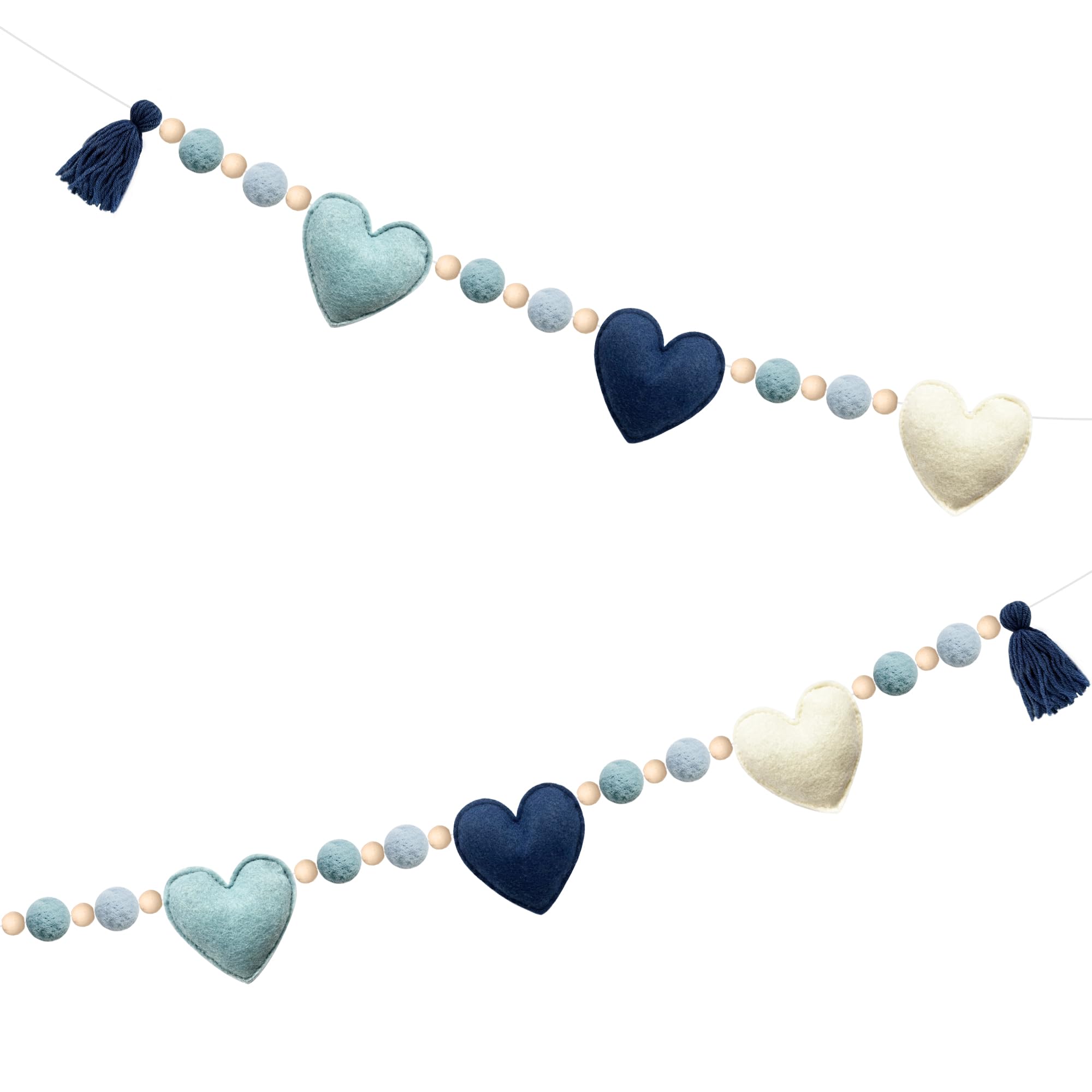 Staubiges blaues Herz-Dekoration, handgefertigt, vorbespannt, Filz-Herz-Banner, Wollfilzkugel, Holzperlengirlande, Luftschlangen für Geburtstag, Babyparty, Jahrestag, Valentinstag, Kinderzimmer