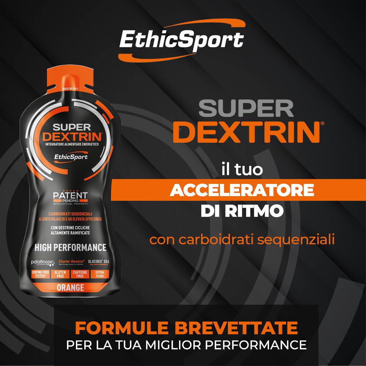 EthicSport - Super Dextrin Gel - Confezione da 45 x 55 ml - Gusto: Arancia - Integratore alimentare energetico a base di carboidrati di nuova generazione a cessione energetica differenziata