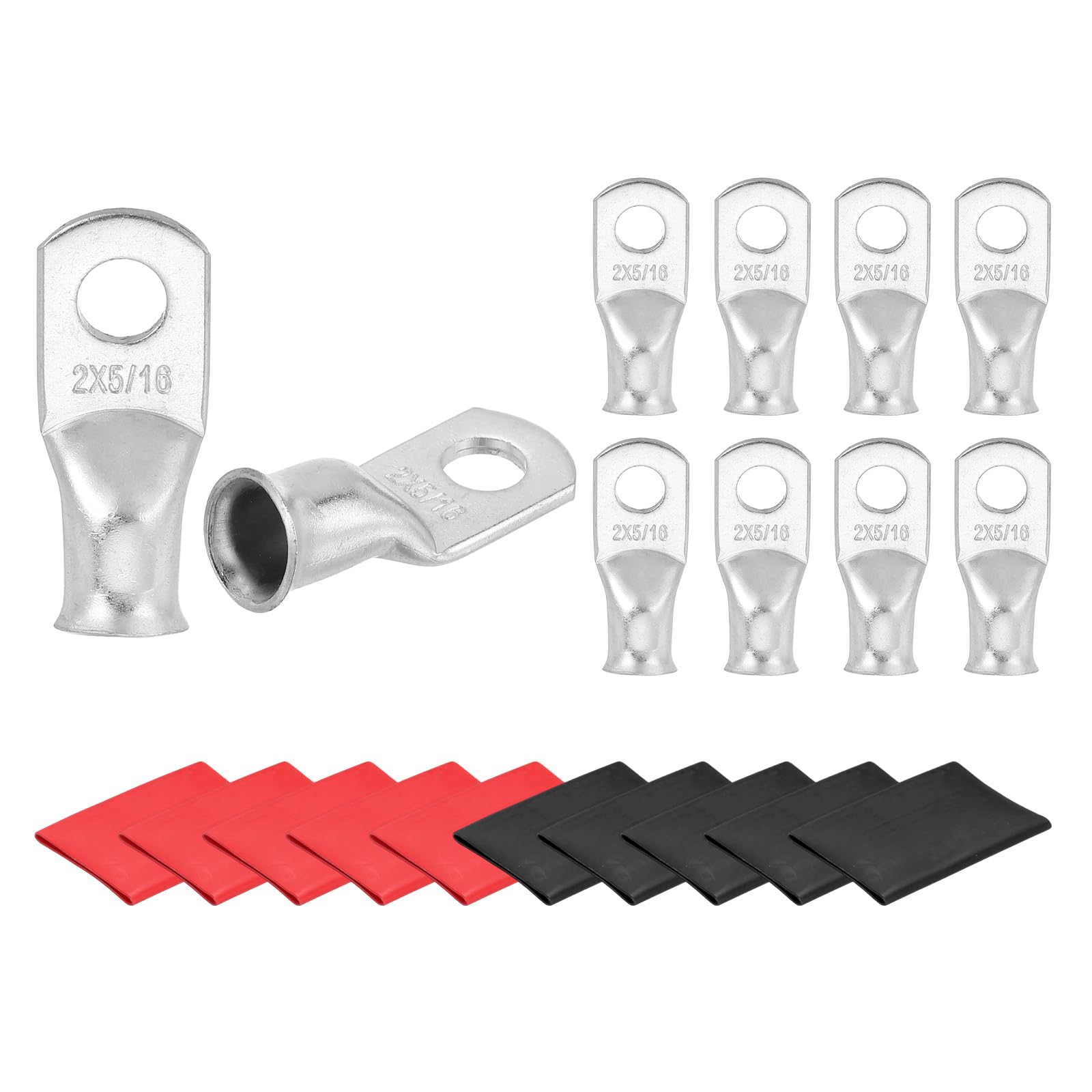 sourcing map 10 Pcs Battery Cable Ends 2 AWG 5/16 Inch Tubular Ring Terminals Closed End Crimp Connectors Bare Copper Eyelet with Heat Shrink Tubing, Silver