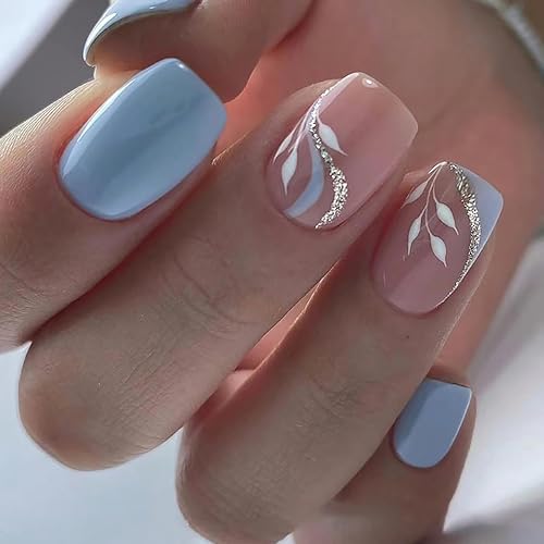 24 uñas postizas cuadradas cortas con pegamento, uñas postizas de verano con diseño de hojas, uñas acrílicas artificiales, uñas con pegamento para