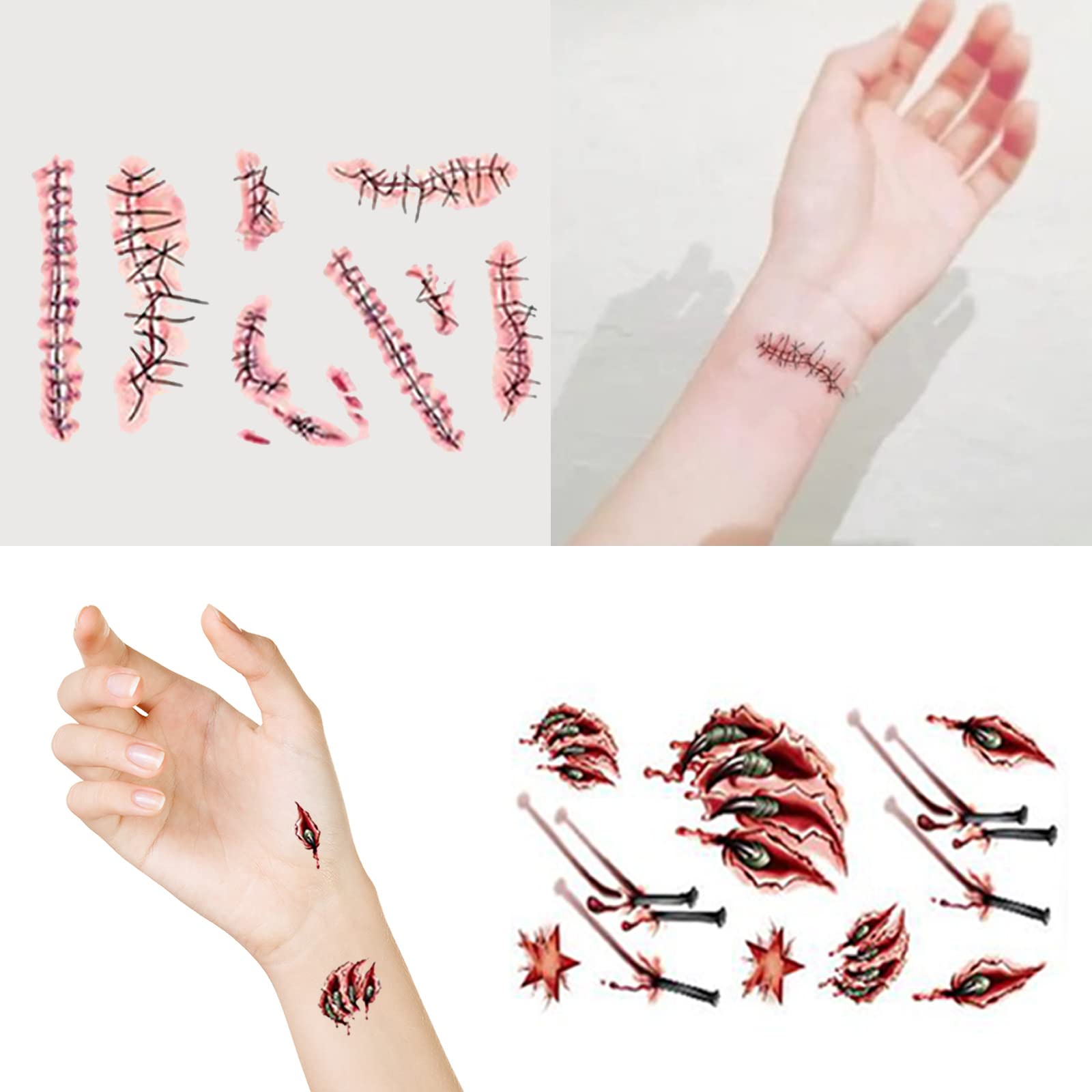 Gran tamaño realista de terror de punto de herida falsa sangre, cicatriz, impermeable, etiqueta engomada temporal para tatuaje, Halloween, mascarada, broma, accesorios de maquillaje, 6 unidades Gran tamaño realista de terror de punto de herida falsa sangre, cicatriz, impermeable, etiqueta engomada temporal para tatuaje, Halloween, mascarada, broma, accesorios de maquillaje, 6 unidades