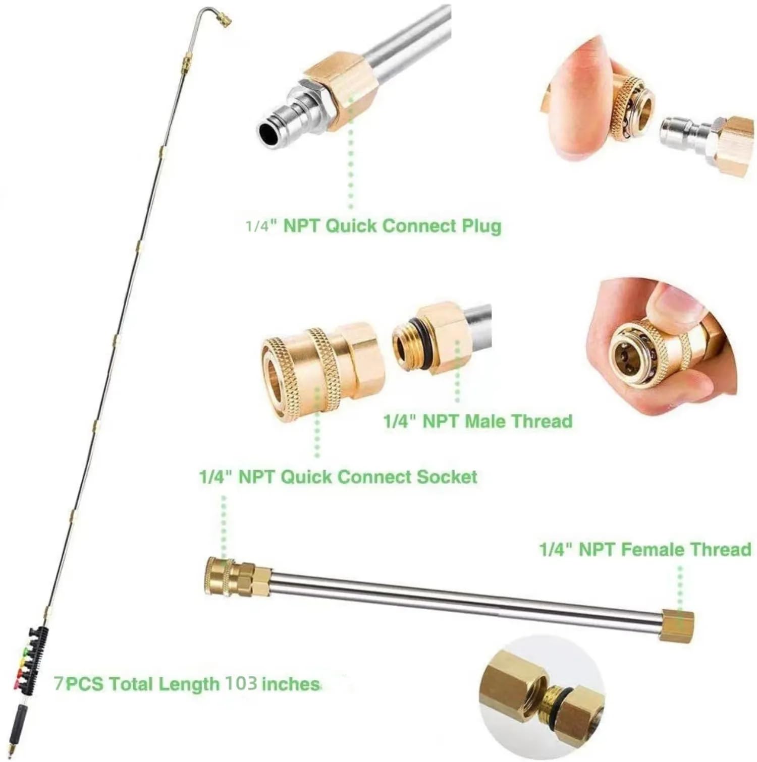 ressure - Set di bacchetta di estensione per rondella 10 in 1, lancia telescopica con attacco rapido da 0,6 cm, compatibile con 4000 psi, include bacchetta curva per lavaggio auto, condizionatore