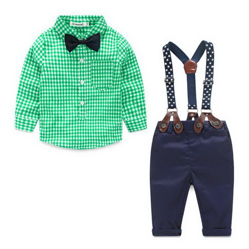 Odziezet Baby Boy Gentleman Clothing Set Infant Long Sleeve Shirt with Bowtie + Suspenders + Pants Set 3 Pack for 3-36M Green