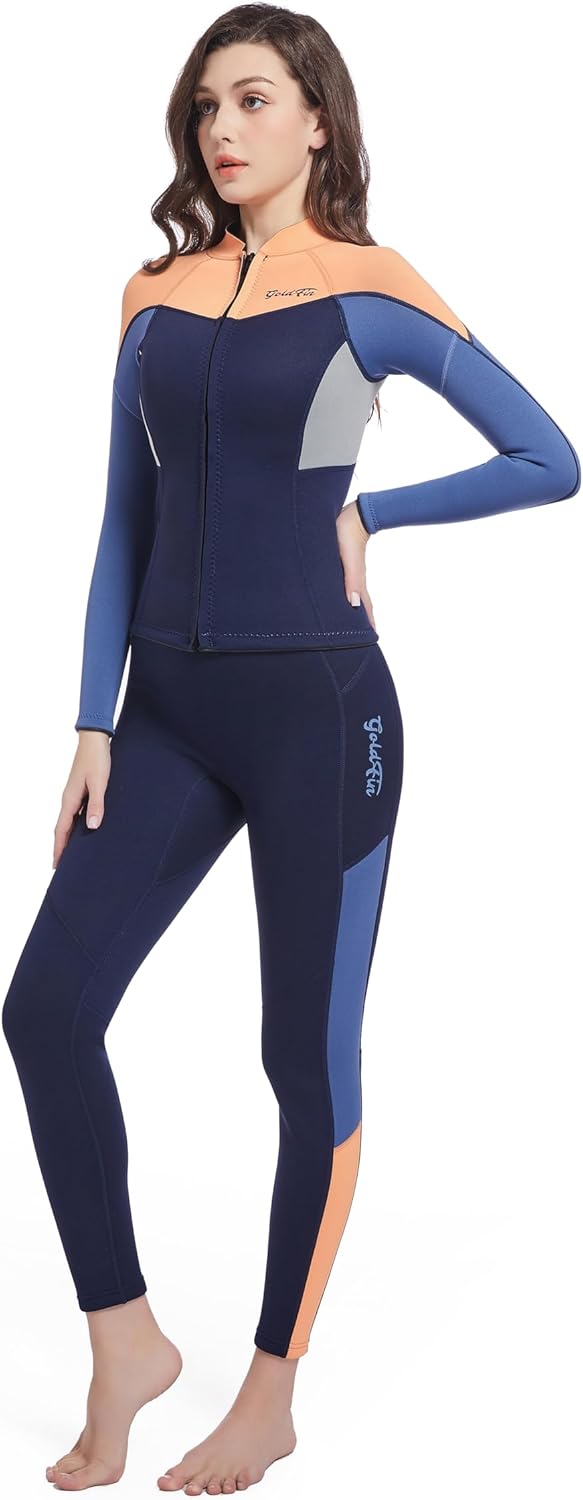 GoldFin Women Wetsuit Top & Pants, 2mm Neoprene Wetsuit Jacket and Pants Keep Warm in Cold Water (Tops L, Pants L)