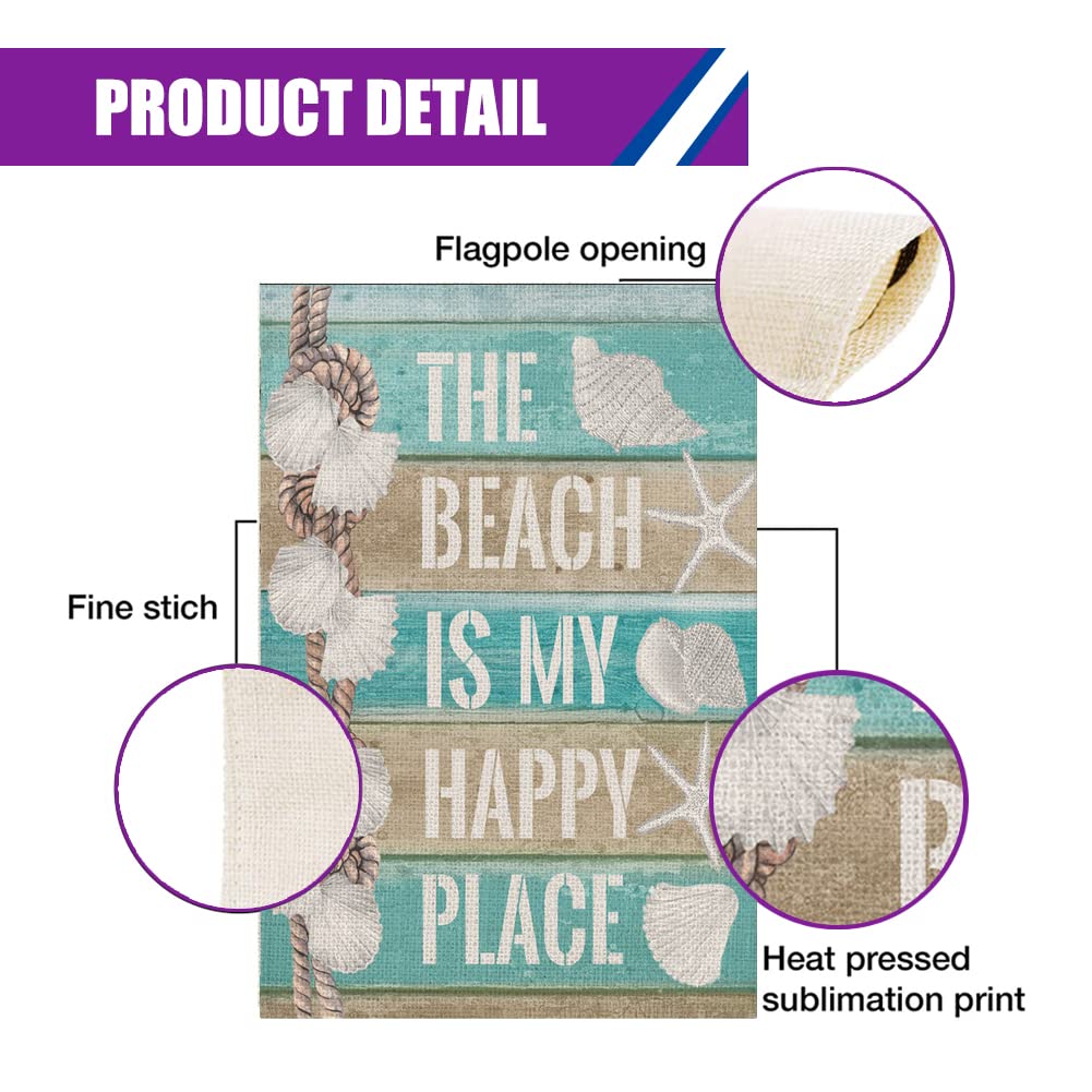 Aremetop ビーチガーデンフラッグ The Beach is My Happy Place 縦型 両面 海岸 貝殻 ヒトデ 黄