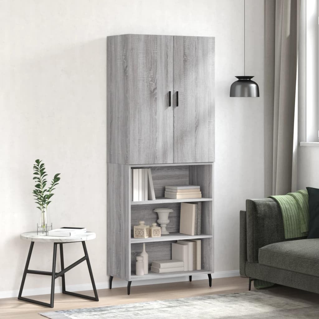 Wysoki kredens Sonoma szara sklejka wysoki kredens z metalowymi drzwiami i nogami do organizacji domu 69,5 x 34 x 180 cm