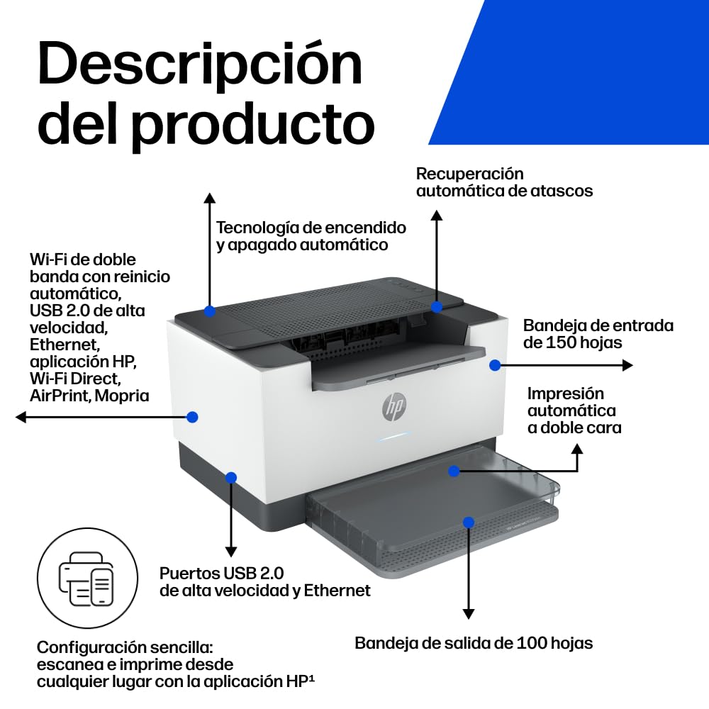 HP LaserJet M209dw 6GW62F, Impresora Láser A4 Monocromo - Impresión a Doble Cara Automática (29ppm, Wi-Fi, Ethernet, USB, Procesador 500MHz, Memoria 64MB, Smart App, Panel de Control) Blanca y Gris