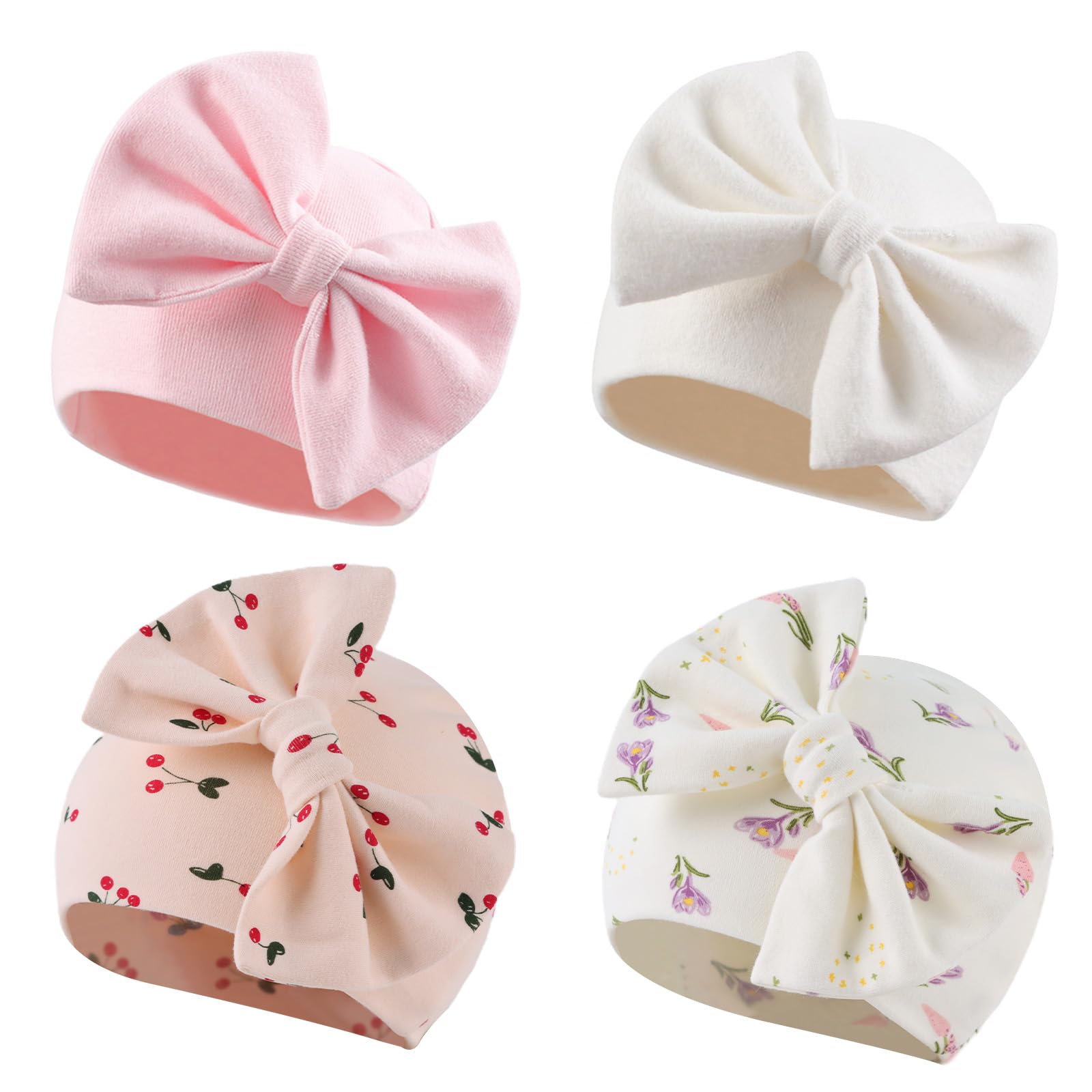 Photo 1 of Bamery Newborn Baby Girl Hat Cotton Baby Bow Beanie Preemie Hats Spring Infant Hats for Girls 0-12 Months (4PACK-A, Preemie)