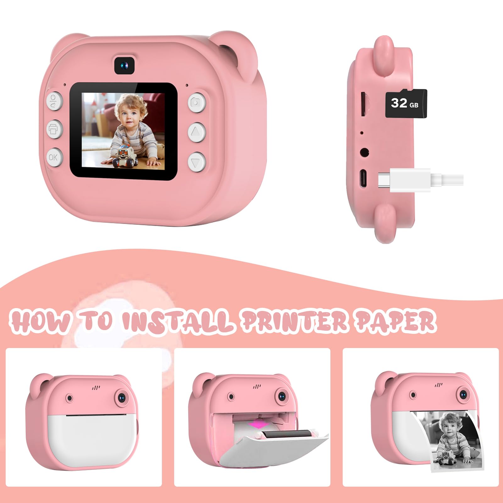 Macchina Fotografica Bambini Istantanea, Fotocamera Digitale con Carta da Stampa e Scheda TF da 32 G, Penne Colora, Regalo Natale Bambino e Bambina 3-14 Anni (Rosa)