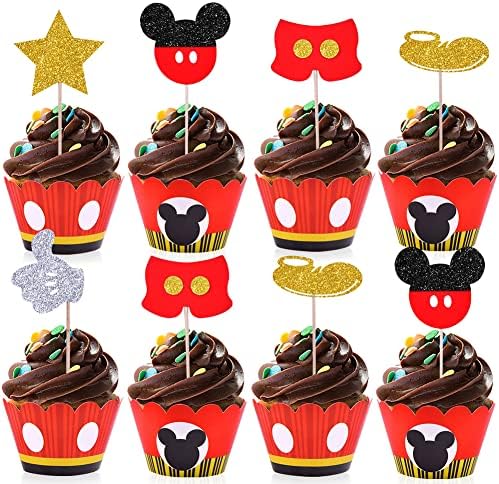 Mickey Cupcake Toppers Wrappers Kids Birthday Micky Party Supplies-25 Topper 25 Wrappers