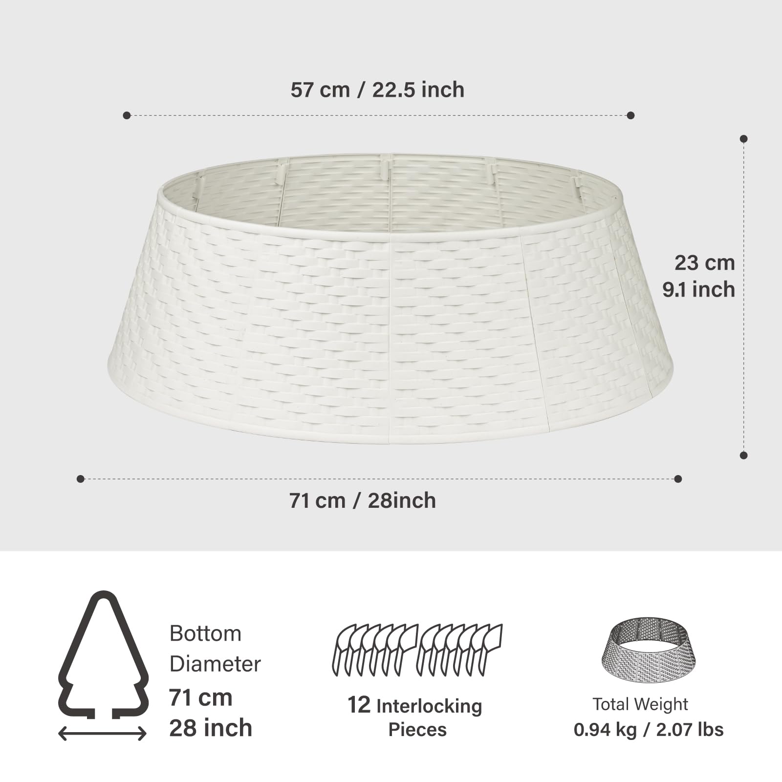 Jupe de sapin de Noël ronde respectueuse de l'environnement – Collier de sapin de Noël robuste et durable – Jupe de sapin de Noël en rotin tissé – 12 anneaux en plastique pour arbres artificiels ou